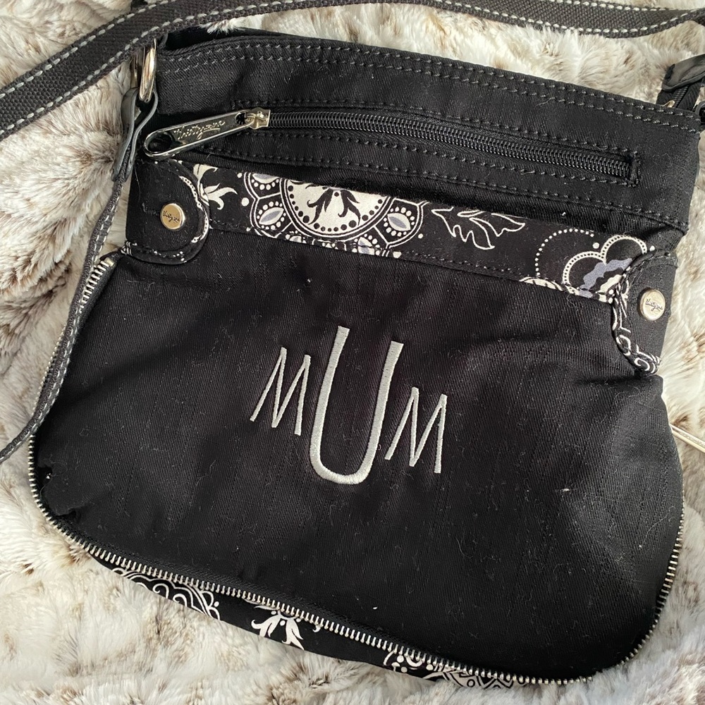 Embroidered black, gray, white 31 purse